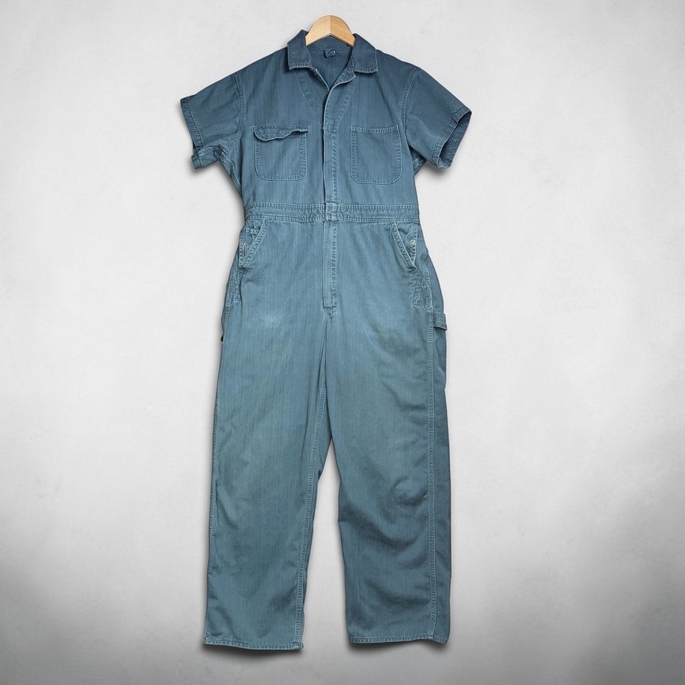 Vtg 50s Big Mac HBT Coveralls Short Sleeve Boat Sail Pocket Scovill Jumpsuit 42R